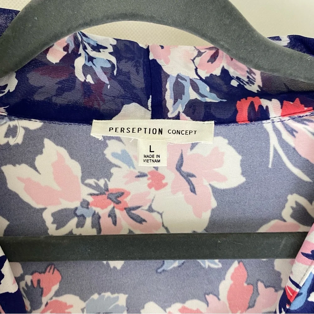 PerSeption Concept Blue Pink Tie scarf Front Ruffled Career v-neck Blouse top L - Picture 9 of 11